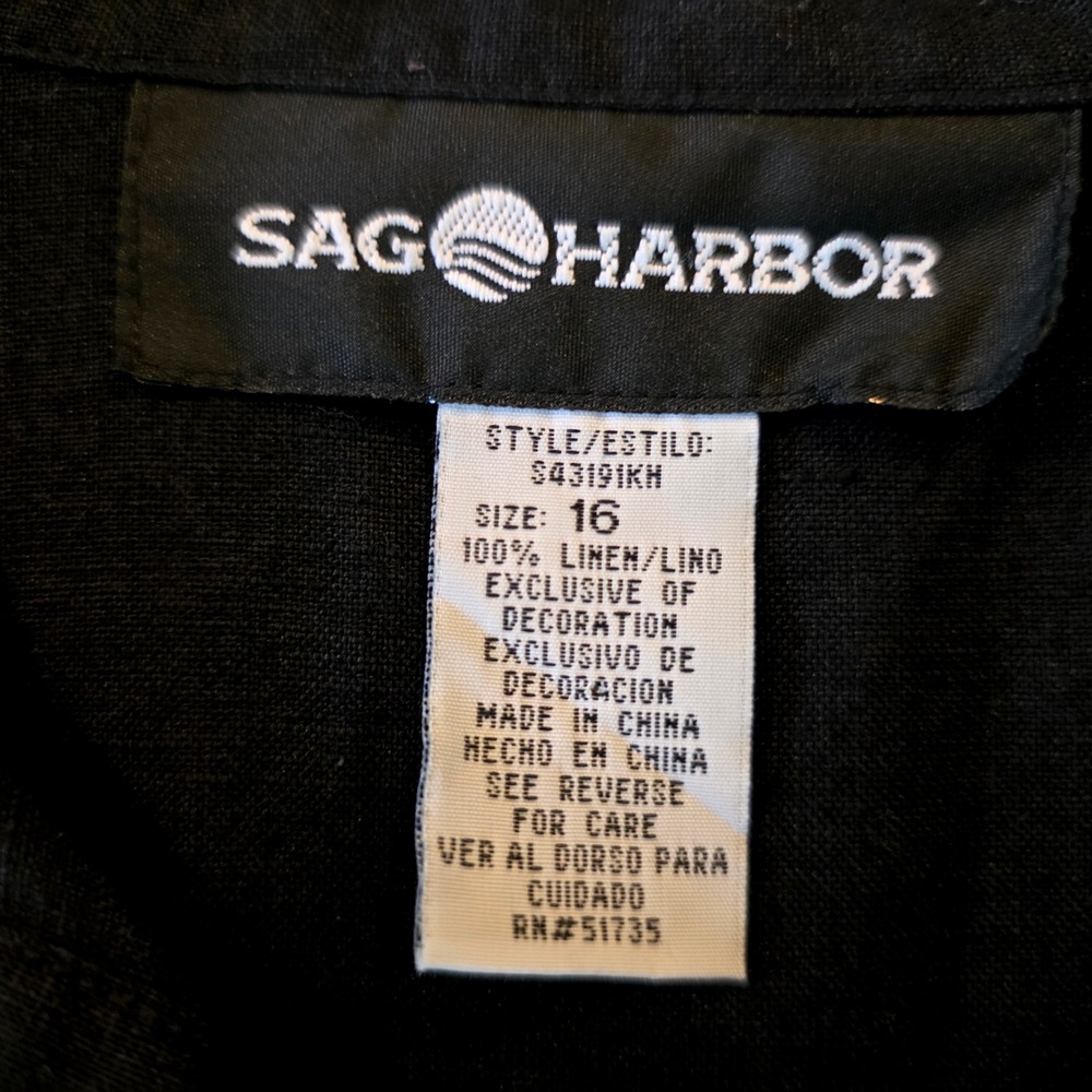 Sag Harbor Womens 100% Linen Black Button Front Short Sleeve Blouse Size 16 - Picture 3 of 10